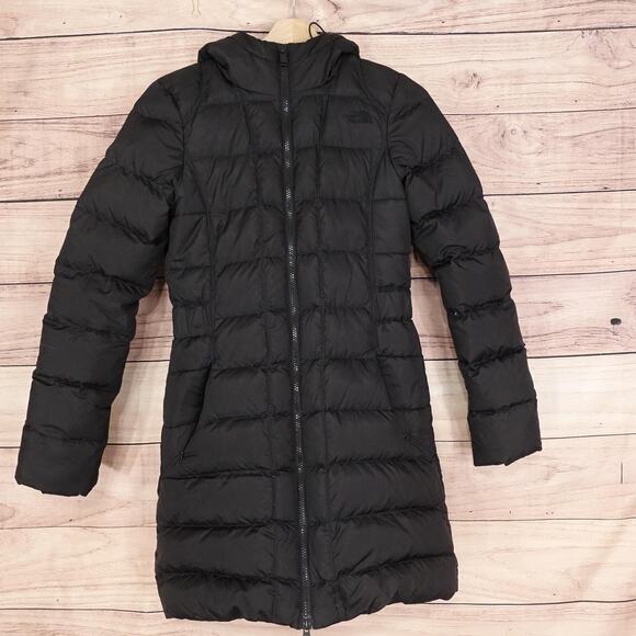 The North Face Coat Womens XS Black Down Puffer Hooded Long Parka Two Way Zip - Picture 1 of 11